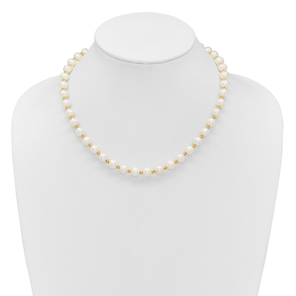 14k 8-9mm White Near-Round Freshwater Cultured Pearl and Diamond-cut Beaded 18 inch Necklace