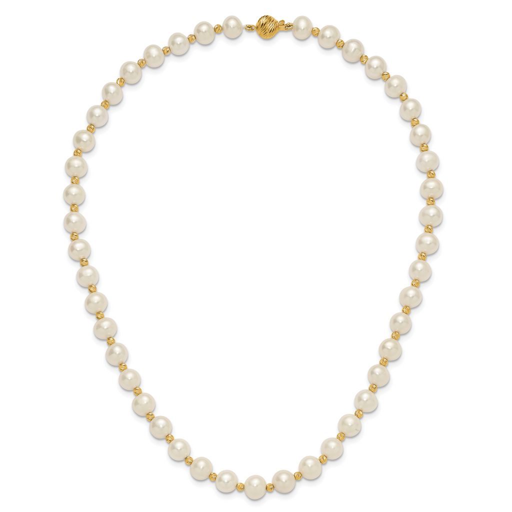 14k 8-9mm White Near-Round Freshwater Cultured Pearl and Diamond-cut Beaded 18 inch Necklace