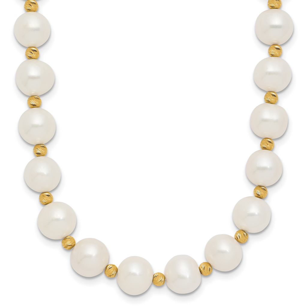 14k 8-9mm White Near-Round Freshwater Cultured Pearl and Diamond-cut Beaded 18 inch Necklace