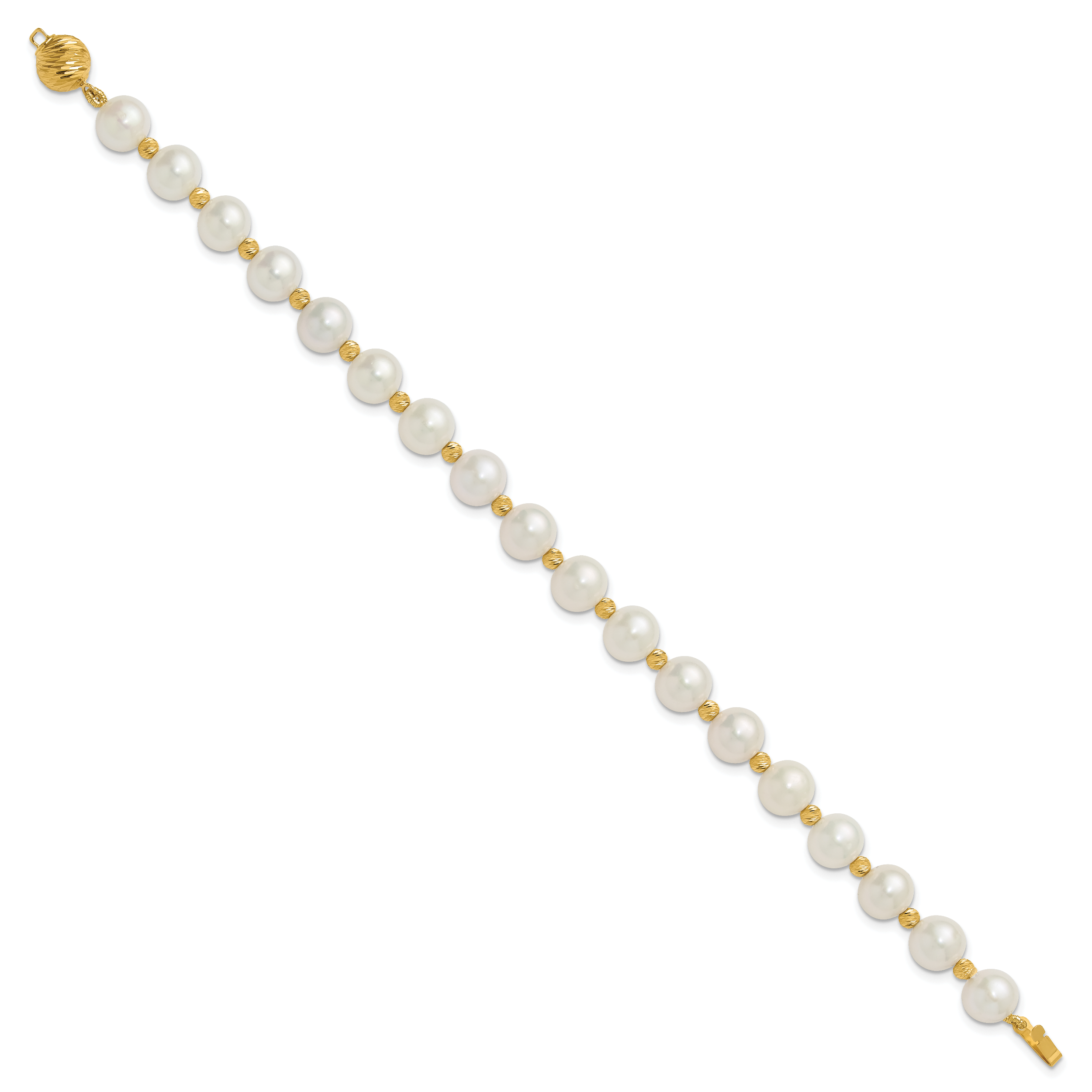 14k 8-9mm White Near-Round Freshwater Cultured Pearl and Diamond-cut Beaded 7.5 inch Bracelet Secondary image