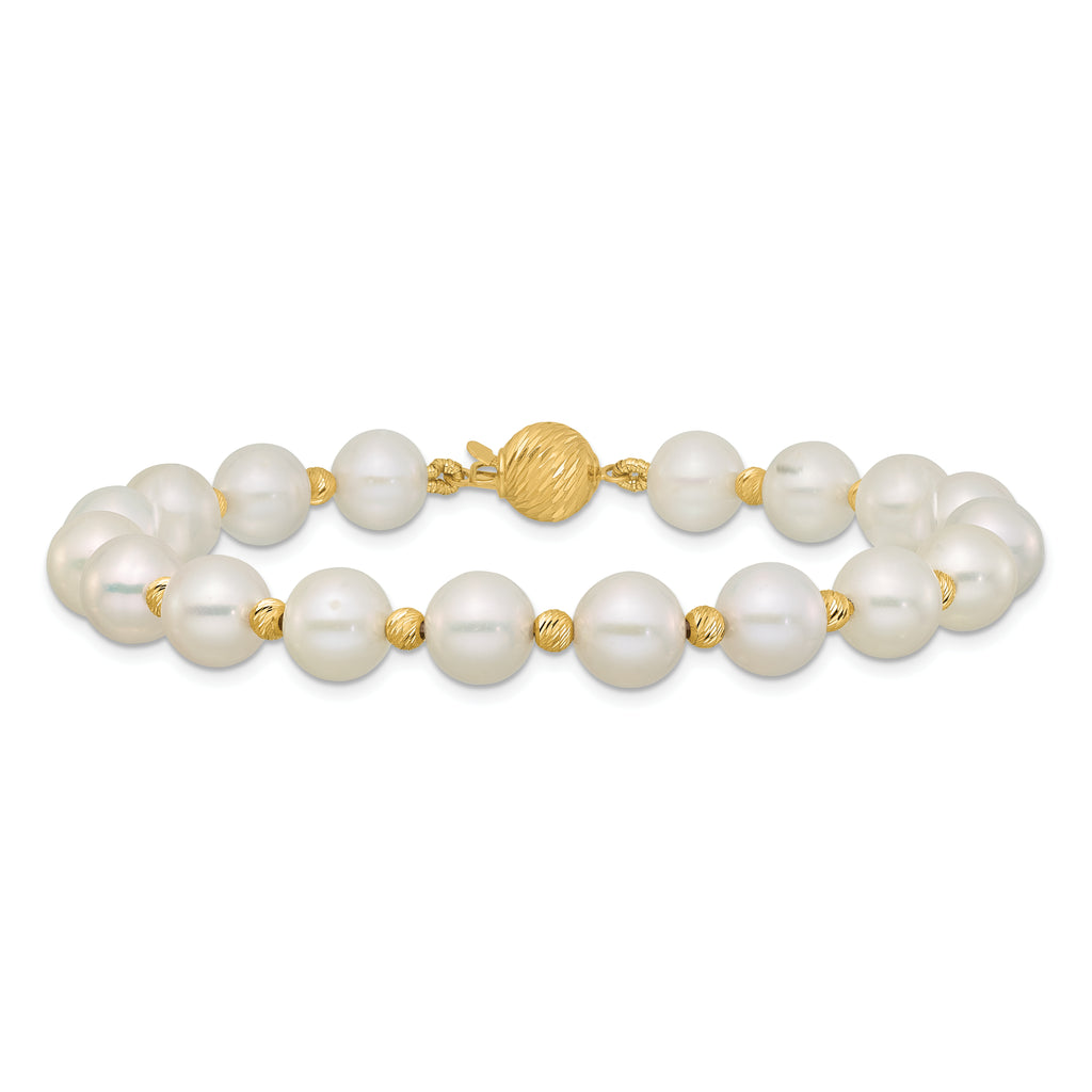 14k 8-9mm White Near-Round Freshwater Cultured Pearl and Diamond-cut Beaded 7.5 inch Bracelet