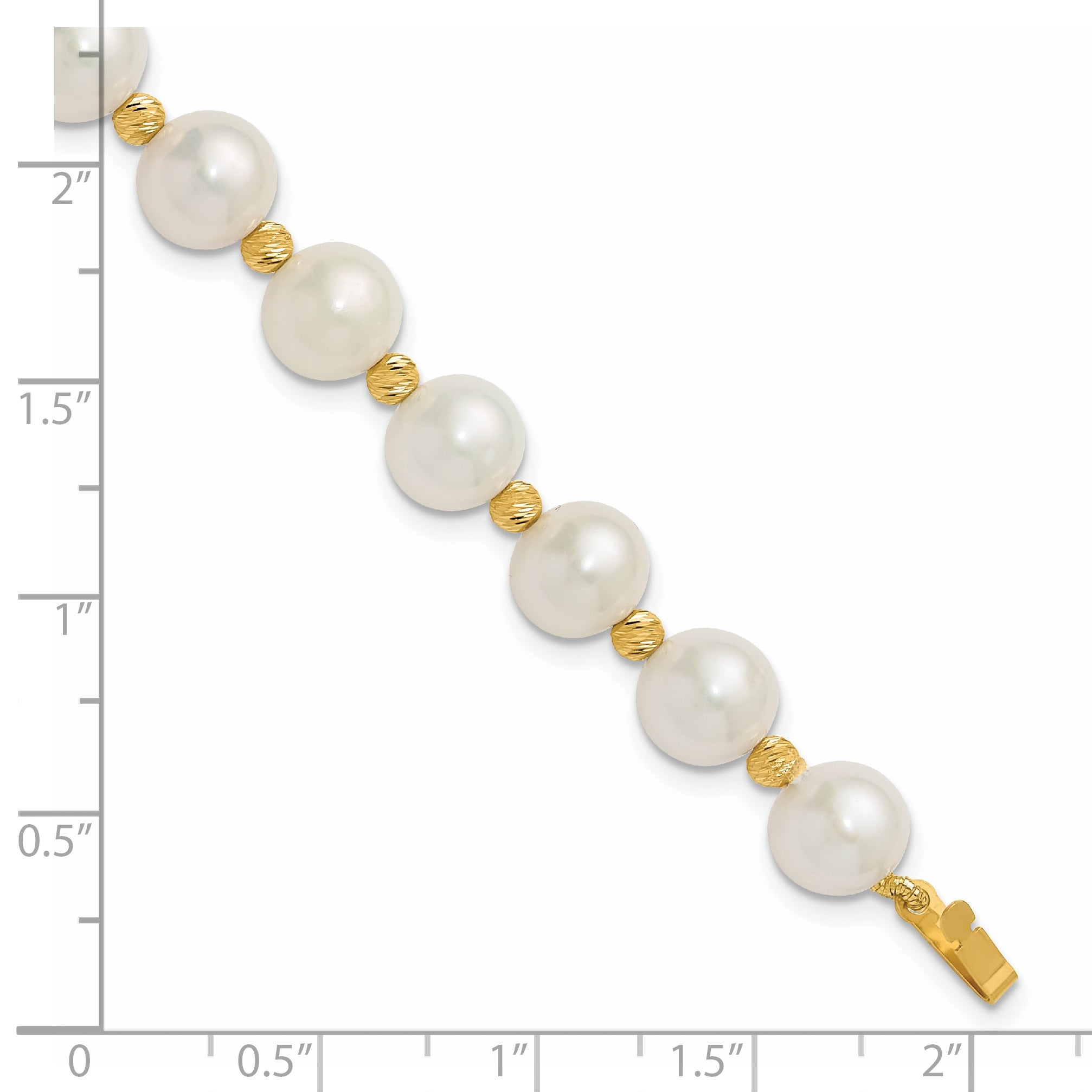14k 8-9mm White Near-Round Freshwater Cultured Pearl and Diamond-cut Beaded 7.5 inch Bracelet