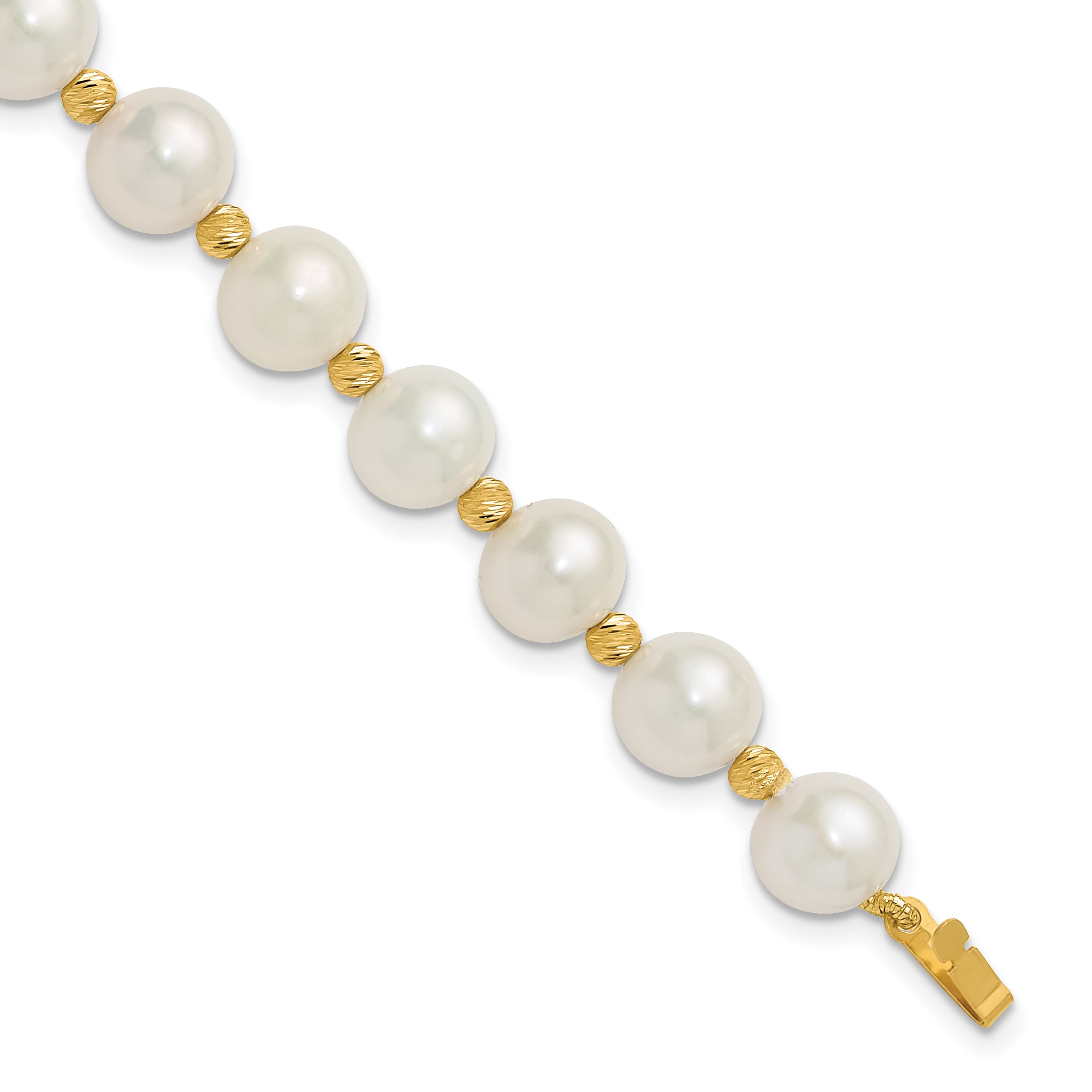 14k 8-9mm White Near-Round Freshwater Cultured Pearl and Diamond-cut Beaded 7.5 inch Bracelet Main image