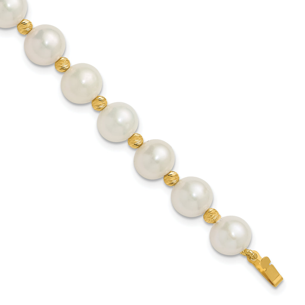 14k 8-9mm White Near-Round Freshwater Cultured Pearl and Diamond-cut Beaded 7.5 inch Bracelet