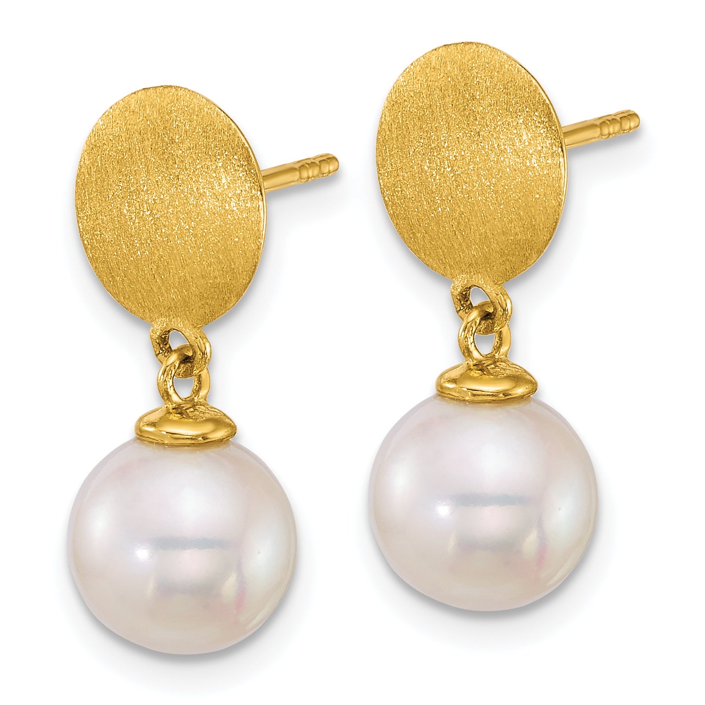 14k Satin 8-9mm Round White South Sea Saltwater Cultured Pearl Dangle Post Earrings