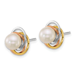 14k Tri-color Polished 6-7mm Round White South Sea Saltwater Cultured Pearl Love Knot Post Earrings