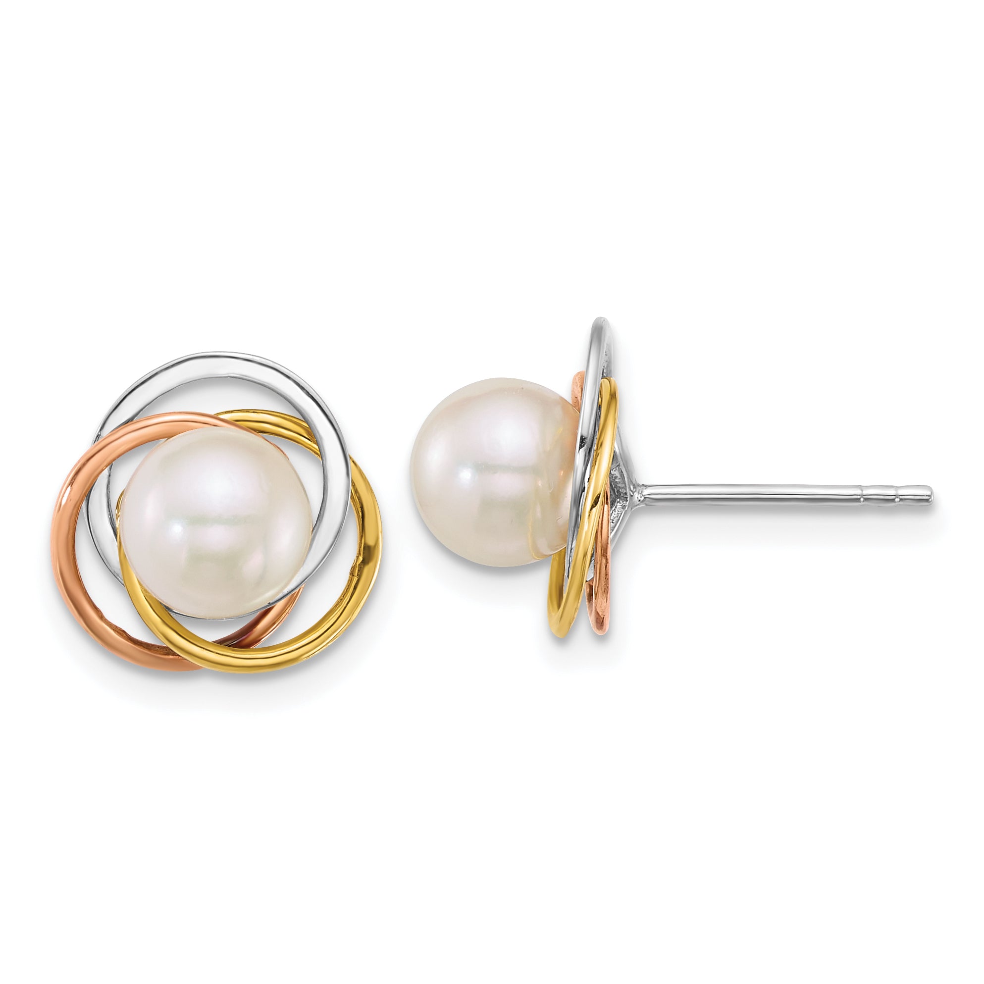 14k Tri-color Polished 6-7mm Round White South Sea Saltwater Cultured Pearl Love Knot Post Earrings Main image