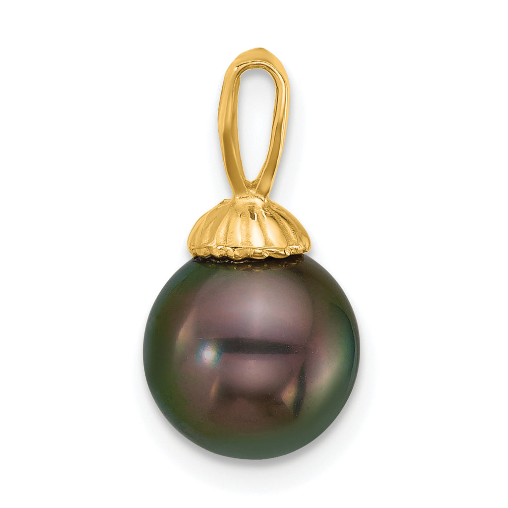 14k Polished 8-9mm Round Black Tahitian Saltwater Cultured Pearl Pendant