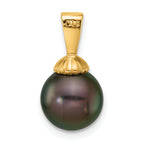 14k Polished 8-9mm Round Black Tahitian Saltwater Cultured Pearl Pendant