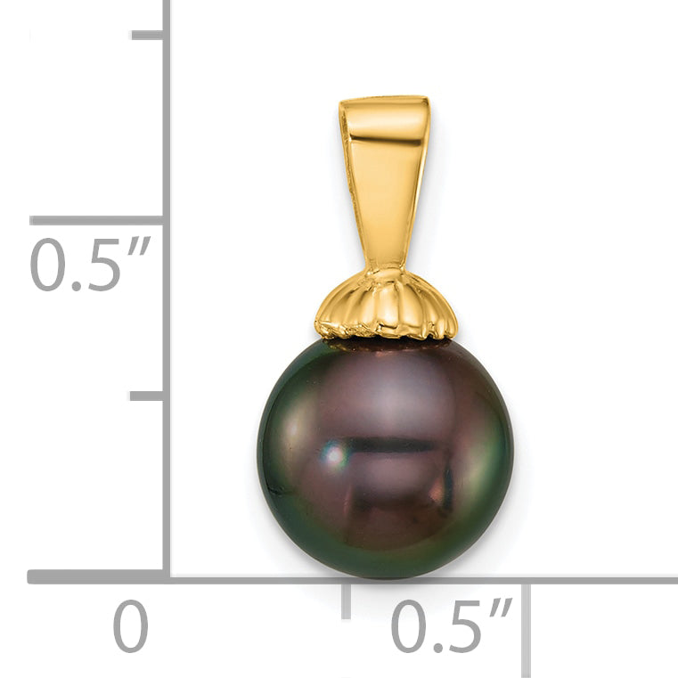 14k Polished 8-9mm Round Black Tahitian Saltwater Cultured Pearl Pendant