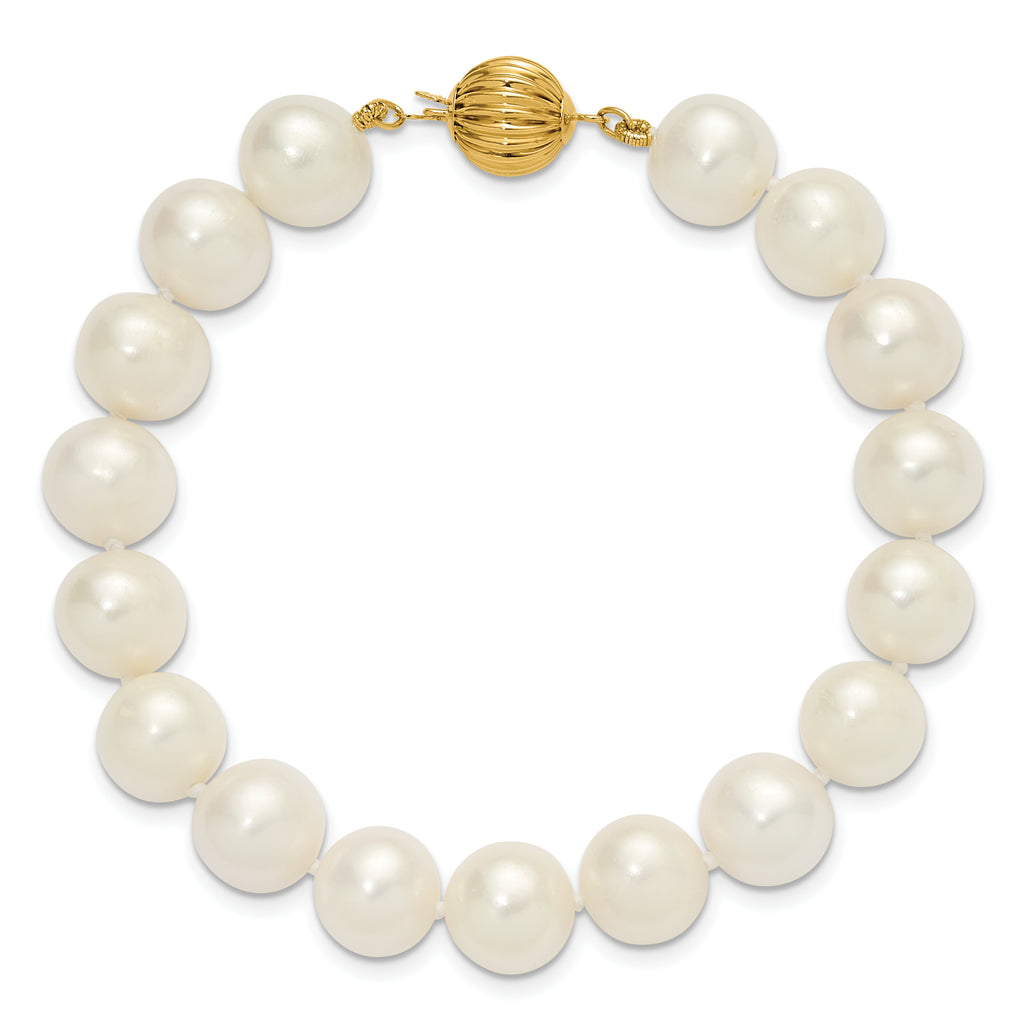 14k Polished 9-10mm Near-Round White Freshwater Cultured Pearl 7.5 inch Bracelet