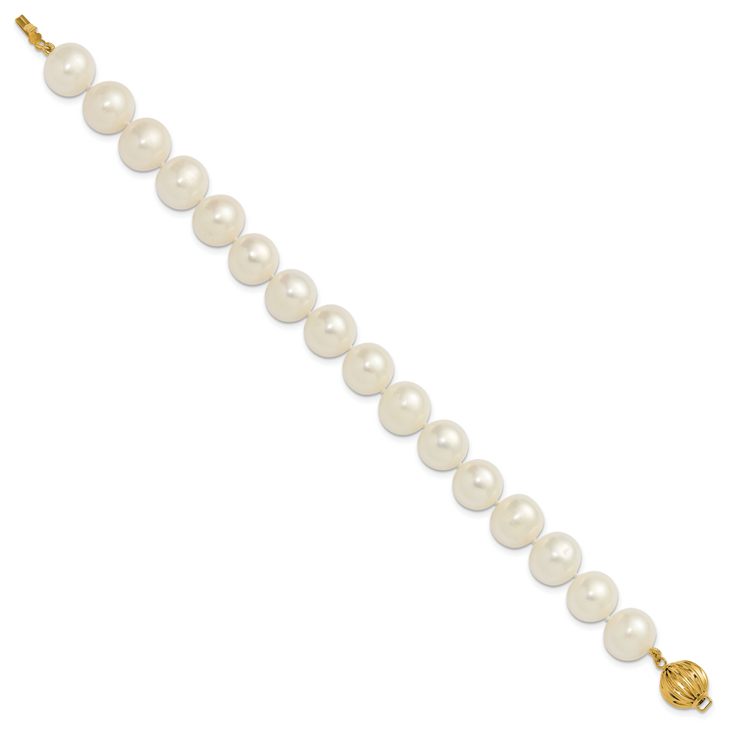 14k Polished 10-11mm Near-Round White Freshwater Cultured Pearl 7.5 inch Bracelet