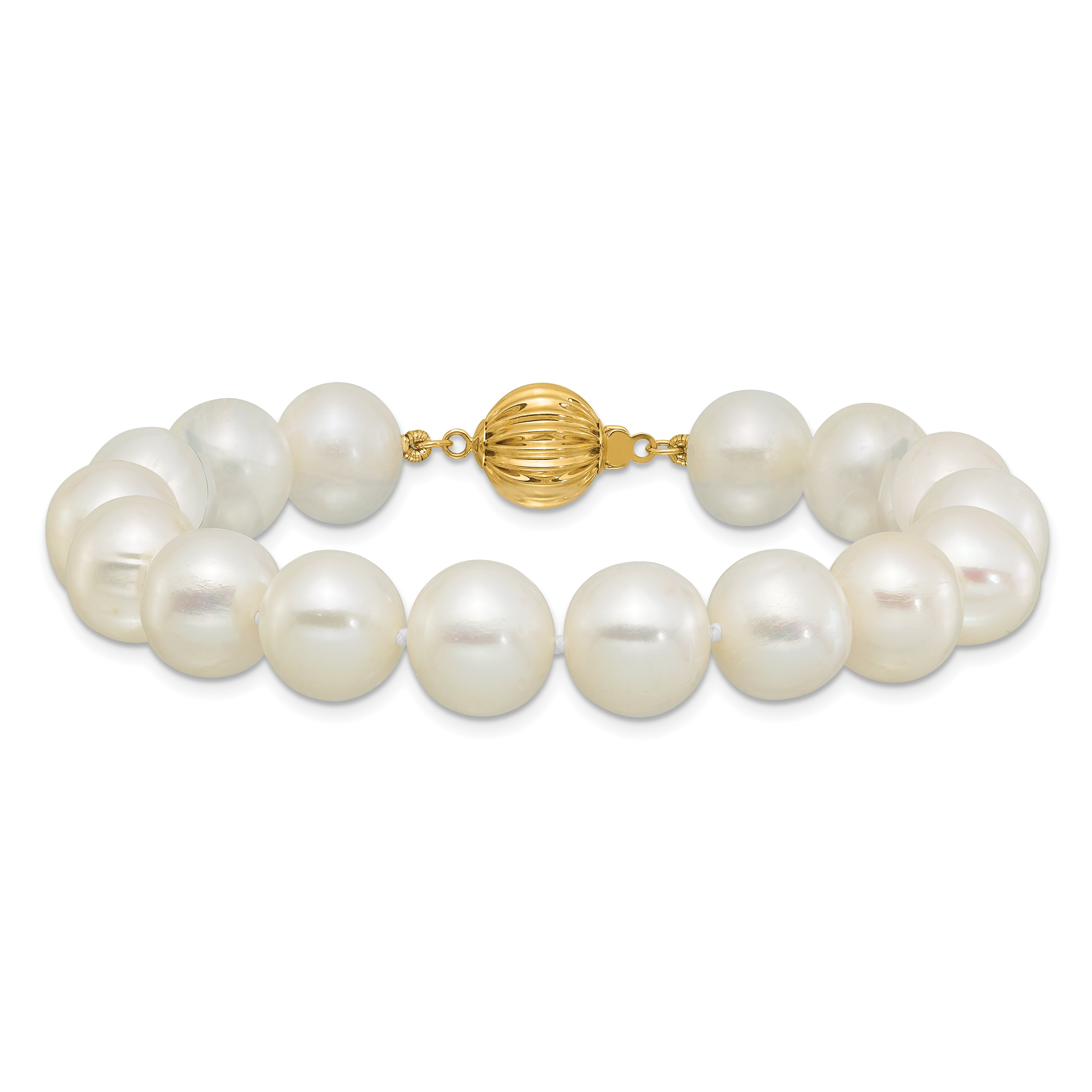 14k Polished 10-11mm Near-Round White Freshwater Cultured Pearl 7.5 inch Bracelet