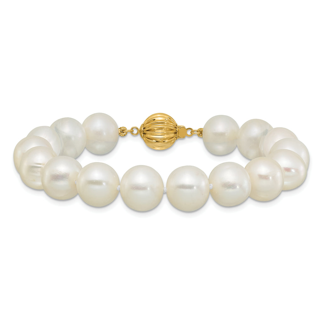 14k Polished 10-11mm Near-Round White Freshwater Cultured Pearl 7.5 inch Bracelet