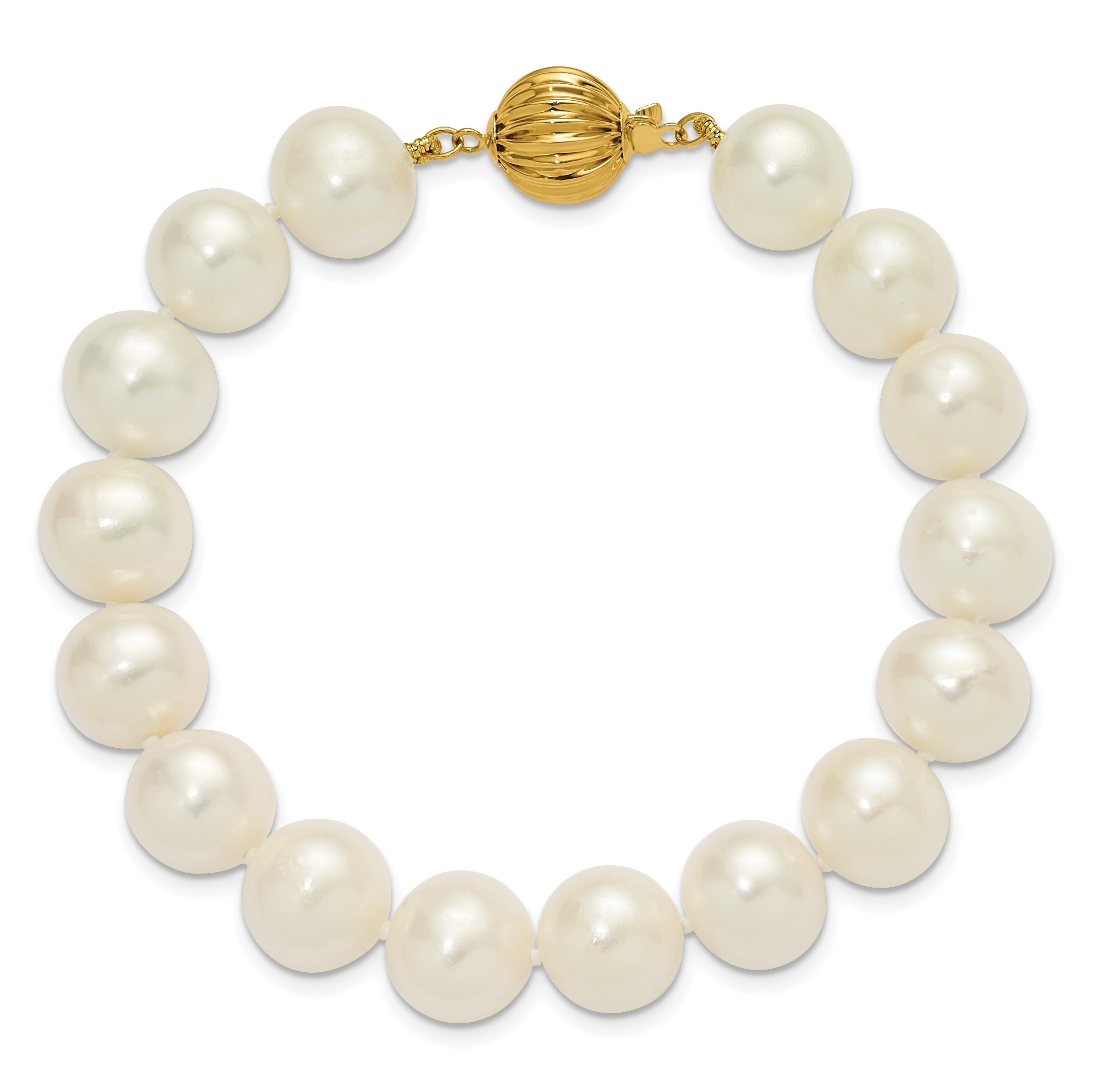14k Polished 10-11mm Near-Round White Freshwater Cultured Pearl 7.5 inch Bracelet