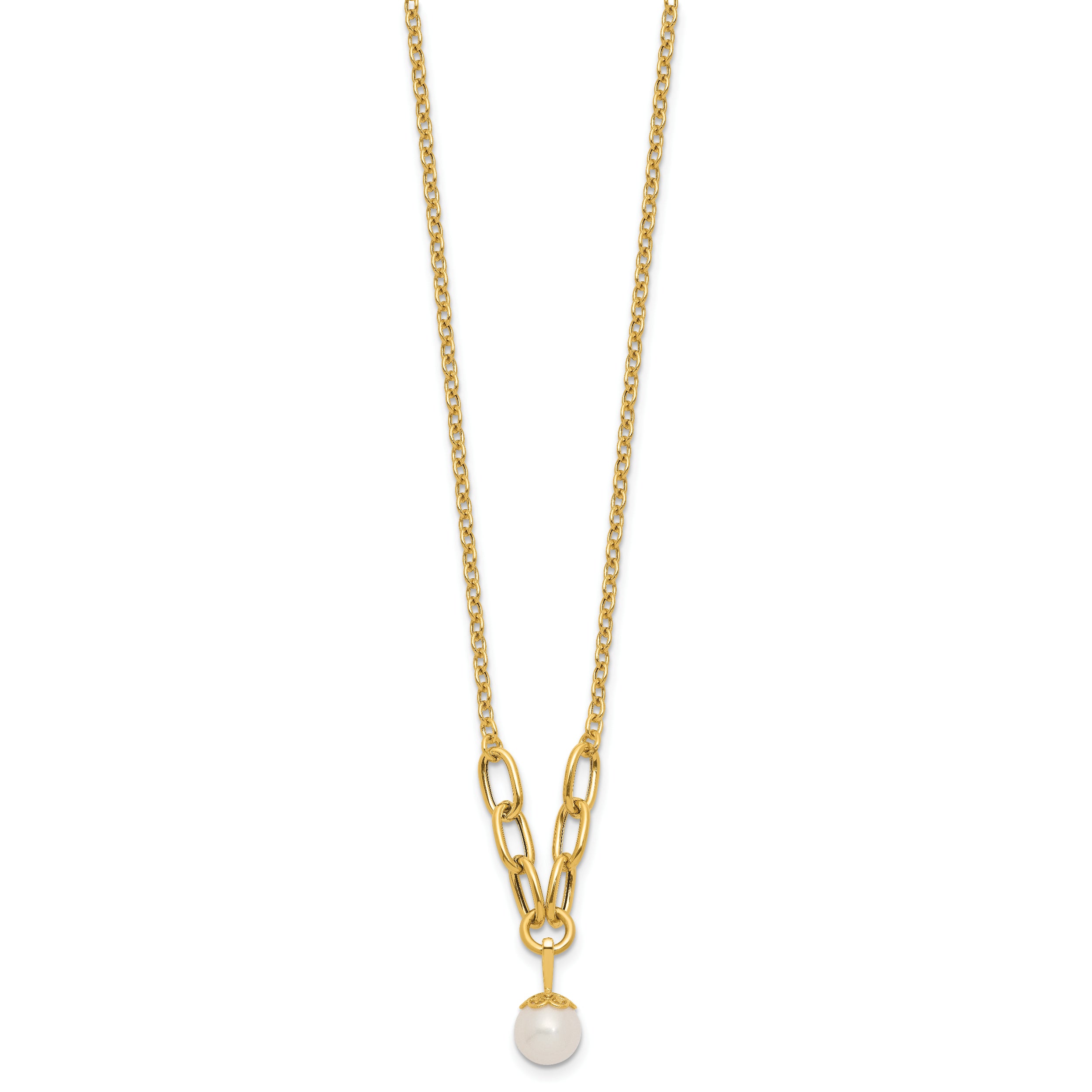 14k Polished 8-9mm Near Round Freshwater Cultured Pearl Dangle 16.75 inch Necklace