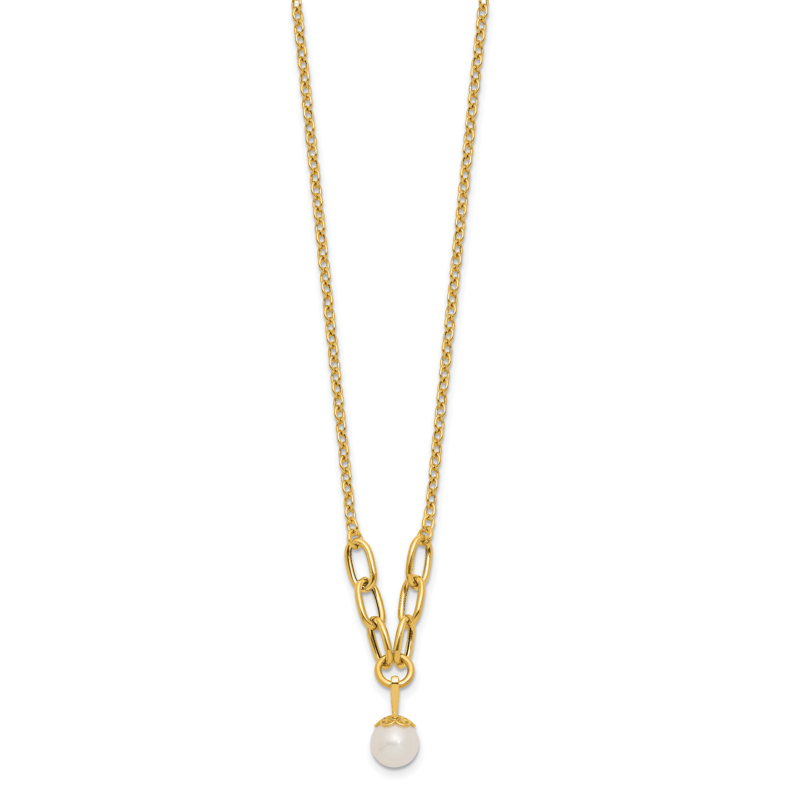 14k Polished 8-9mm Near Round Freshwater Cultured Pearl Dangle 16.75 inch Necklace