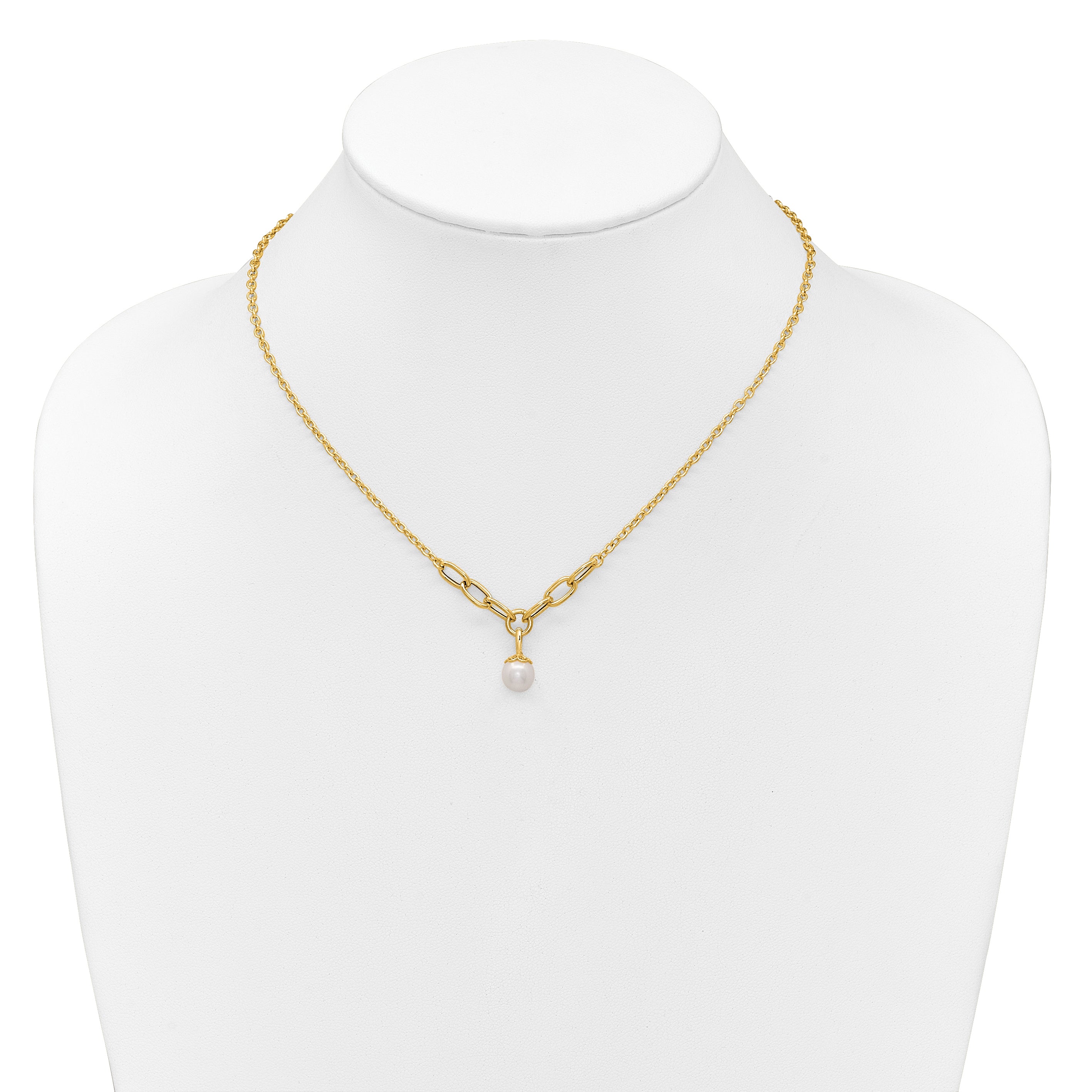 14k Polished 8-9mm Near Round Freshwater Cultured Pearl Dangle 16.75 inch Necklace