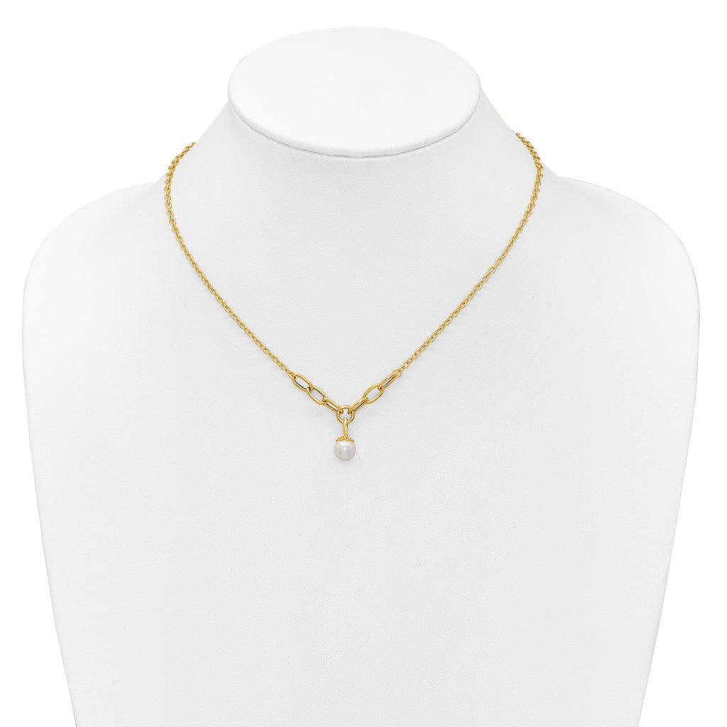 14k Polished 8-9mm Near Round Freshwater Cultured Pearl Dangle 16.75 inch Necklace