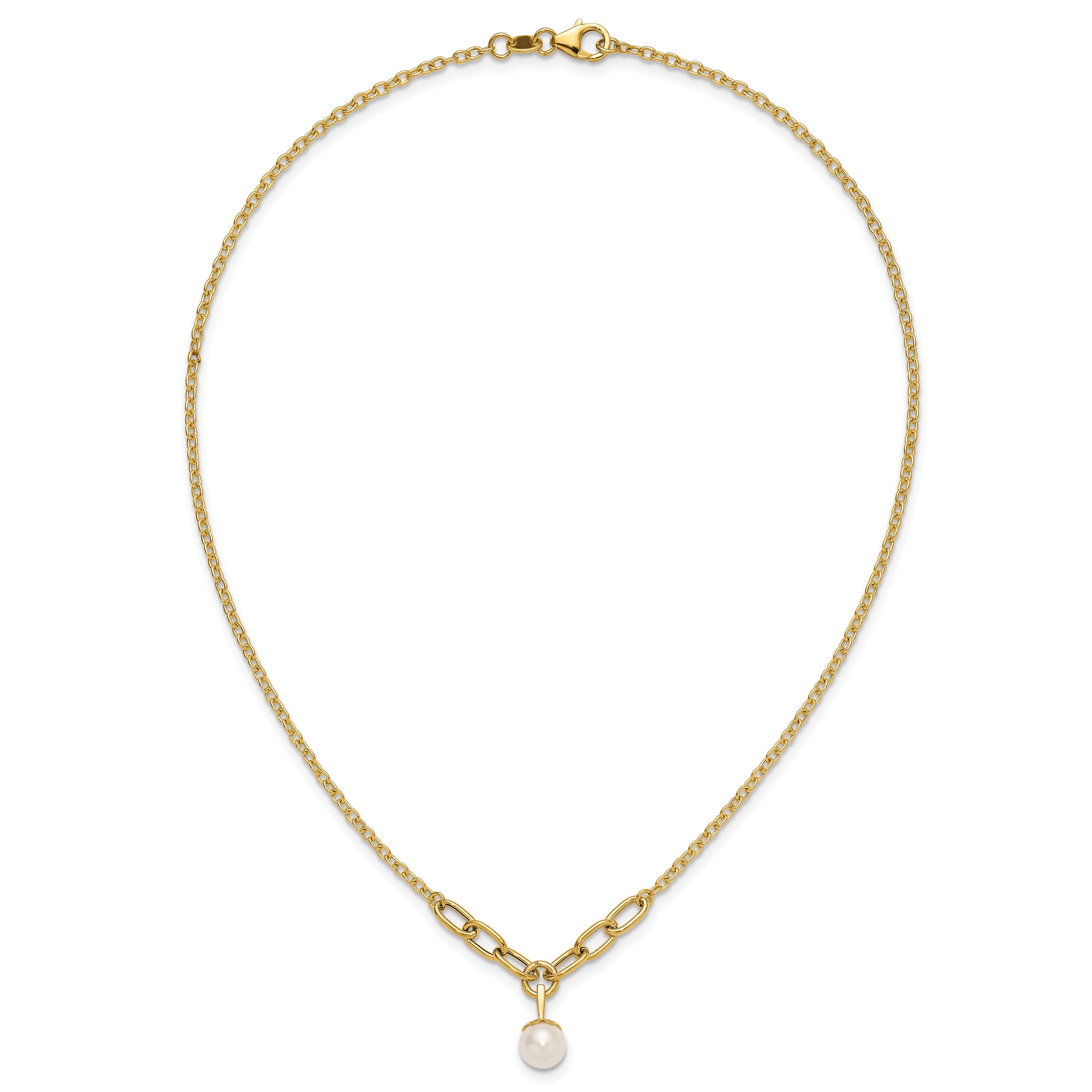 14k Polished 8-9mm Near Round Freshwater Cultured Pearl Dangle 16.75 inch Necklace