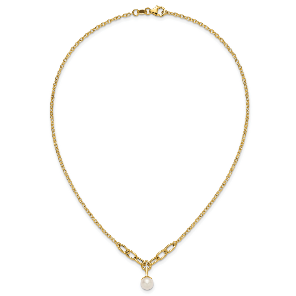 14k Polished 8-9mm Near Round Freshwater Cultured Pearl Dangle 16.75 inch Necklace
