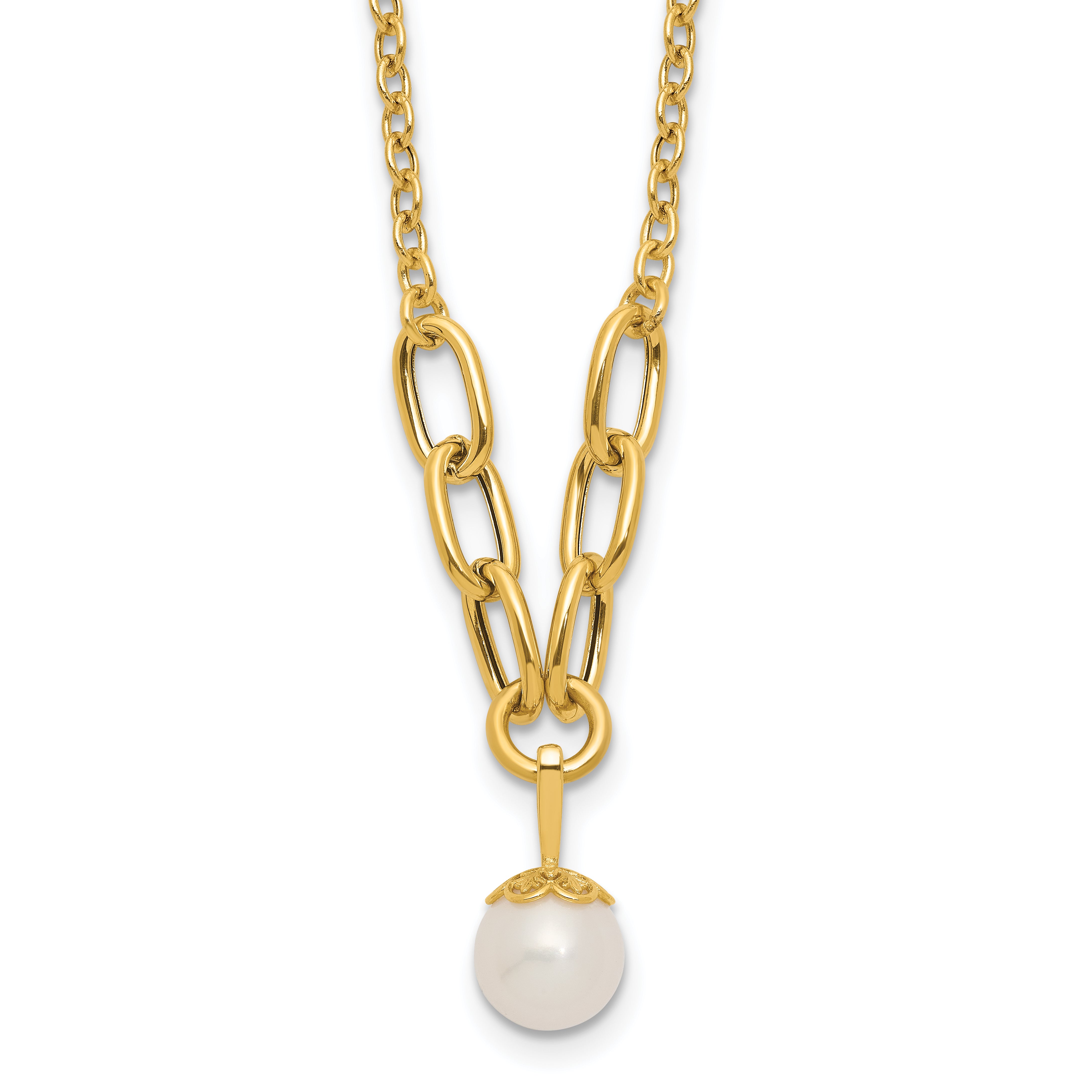 14k Polished 8-9mm Near Round Freshwater Cultured Pearl Dangle 16.75 inch Necklace