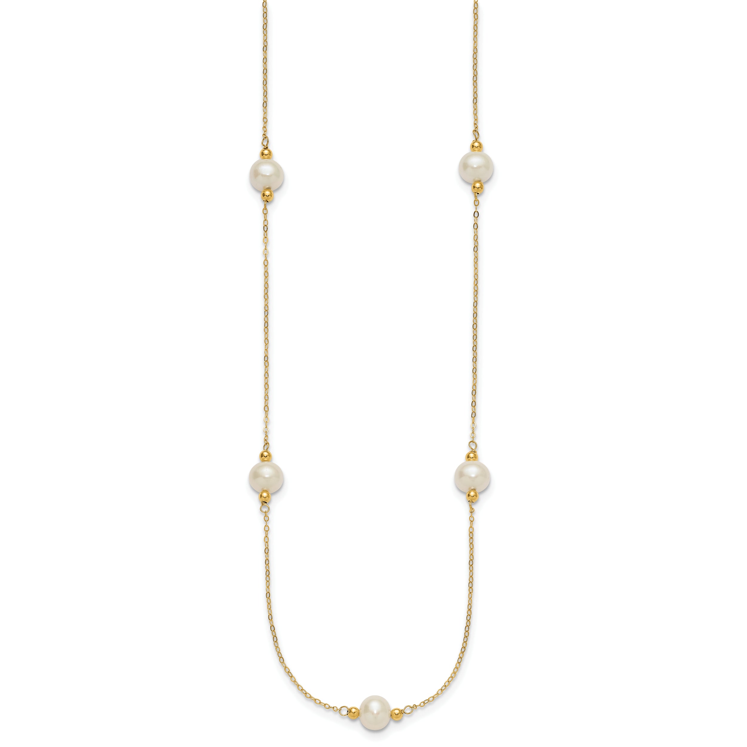 14k Polished 8-9mm Near-Round White Freshwater Cultured Pearl 5-Station 18 inch Necklace