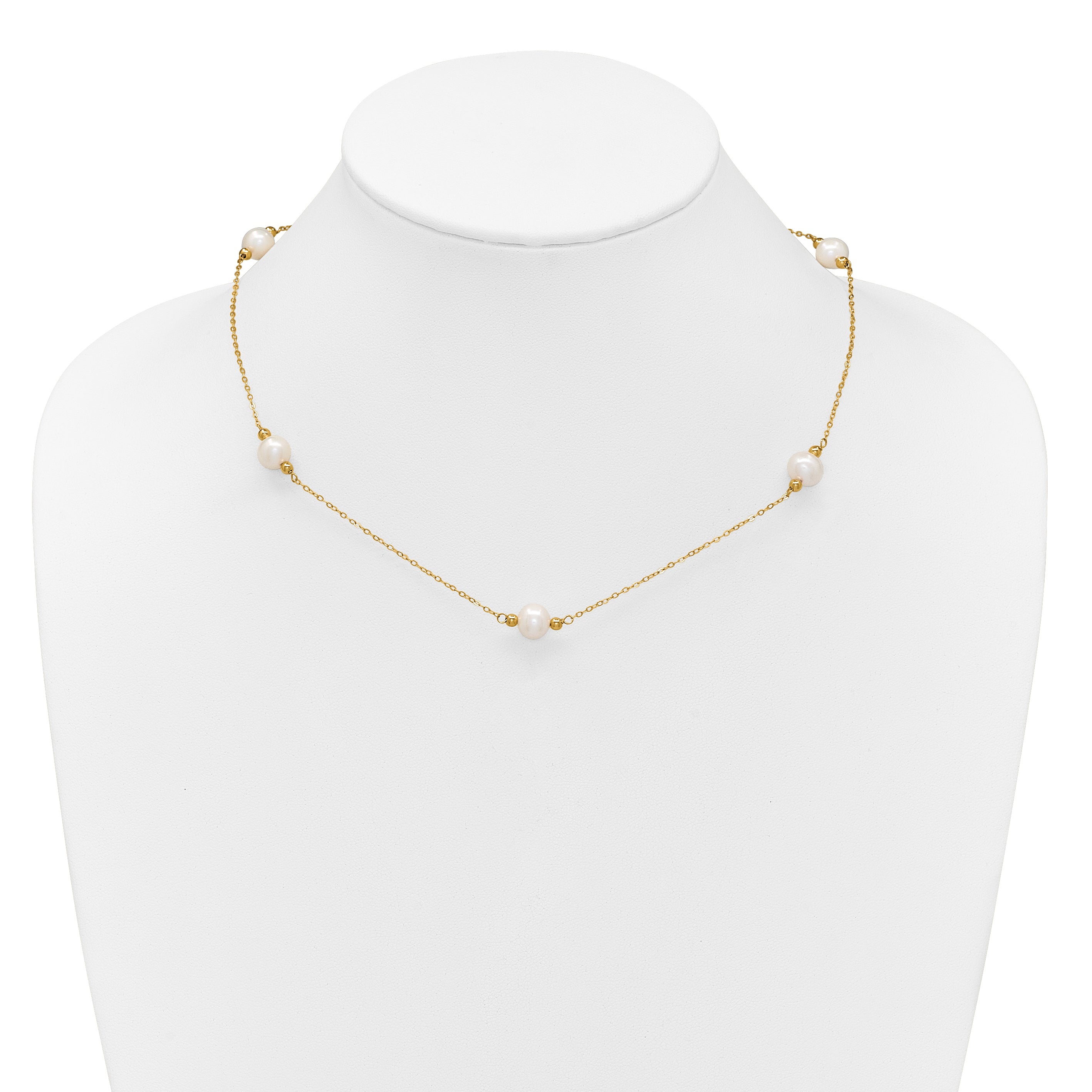 14k Polished 8-9mm Near-Round White Freshwater Cultured Pearl 5-Station 18 inch Necklace