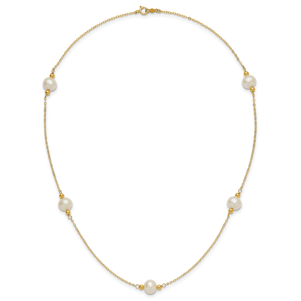 14k Polished 8-9mm Near-Round White Freshwater Cultured Pearl 5-Station 18 inch Necklace