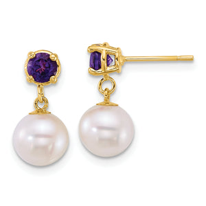 White Freshwater Pearl & Garnet Stud Dangle Earrings in 14K Yellow Gold, 4mm - Sophia Jewelers