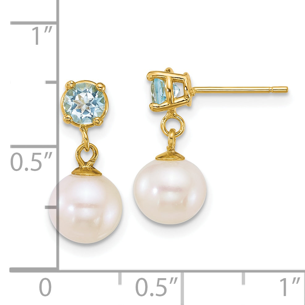 14k Polished 7-8mm Round White Freshwater Cultured Pearl and Blue Topaz Dangle Post Earrings Secondary image