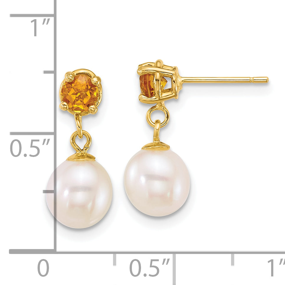 14k Polished 7-8mm Round White Freshwater Cultured Pearl and Citrine Dangle Post Earrings Secondary image