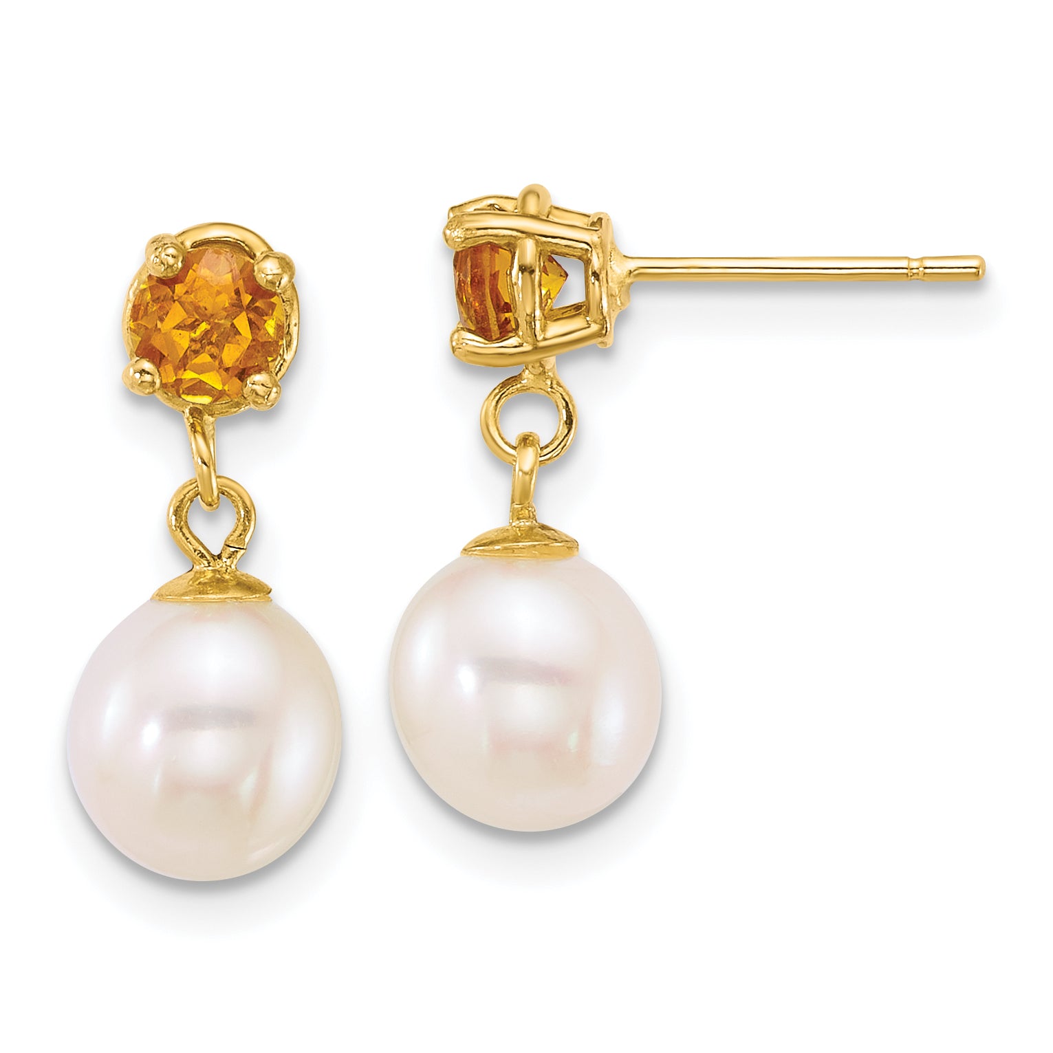 14k Polished 7-8mm Round White Freshwater Cultured Pearl and Citrine Dangle Post Earrings Main image