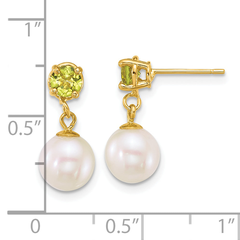 14k Polished 7-8mm Round White Freshwater Cultured Pearl and Peridot Dangle Post Earrings