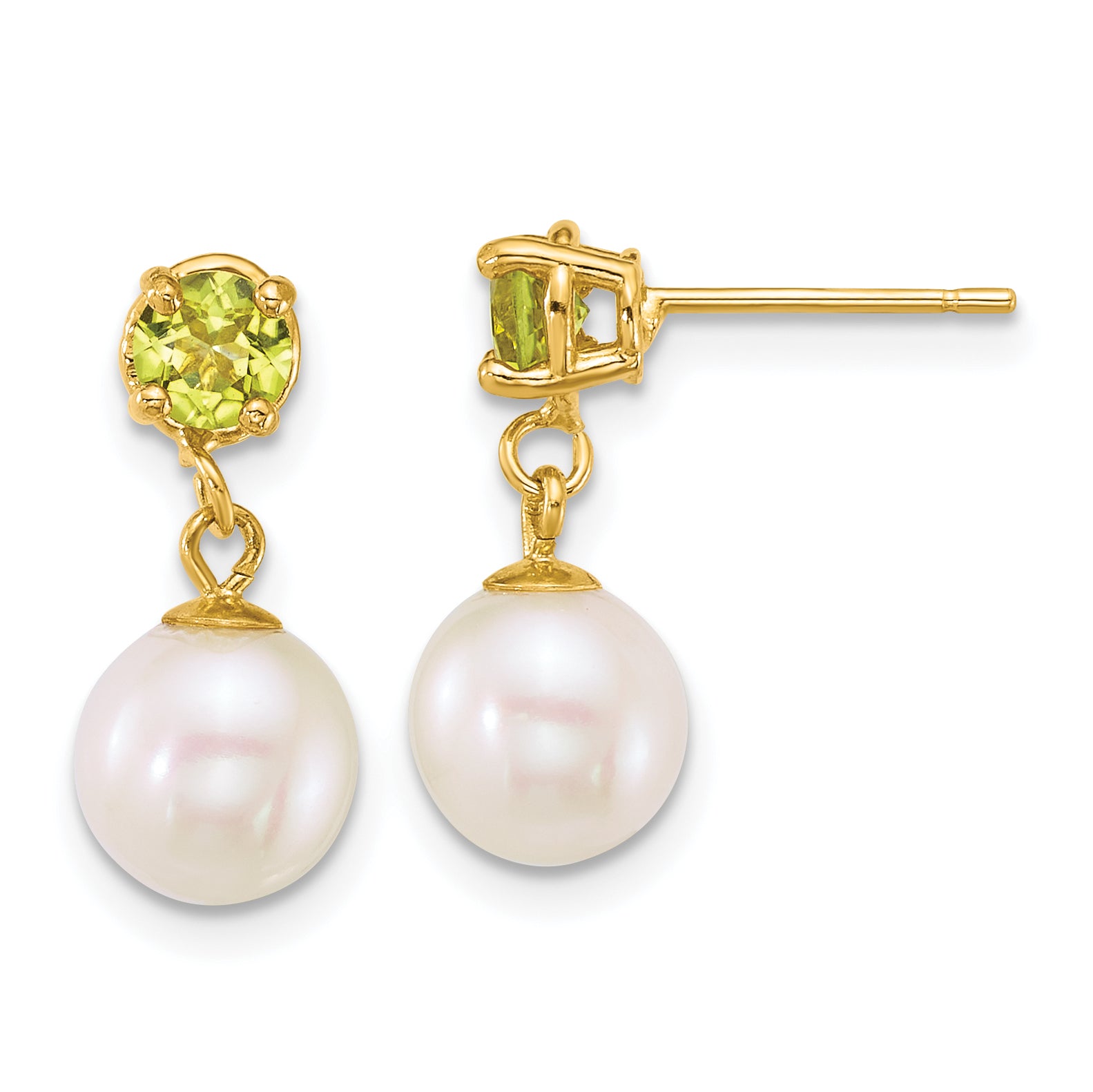 14k Polished 7-8mm Round White Freshwater Cultured Pearl and Peridot Dangle Post Earrings