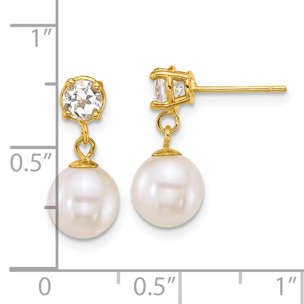 14k Polished 7-8mm Round White Freshwater Cultured Pearl and White Topaz Dangle Post Earrings