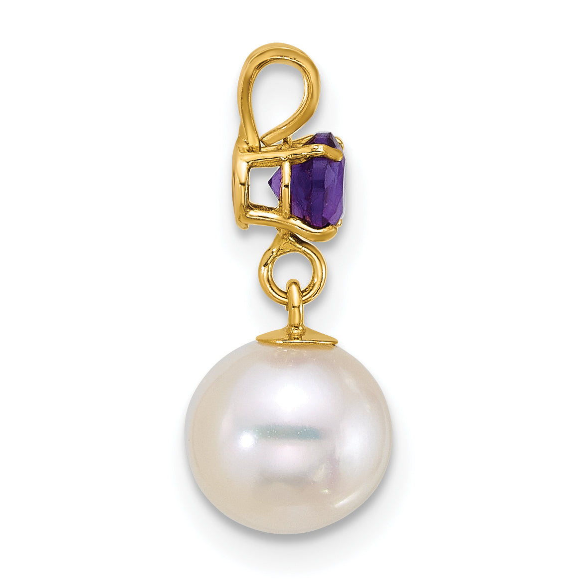 14k Polished 7-8mm Round White Freshwater Cultured Pearl Dangle and Amethyst Pendant Secondary image