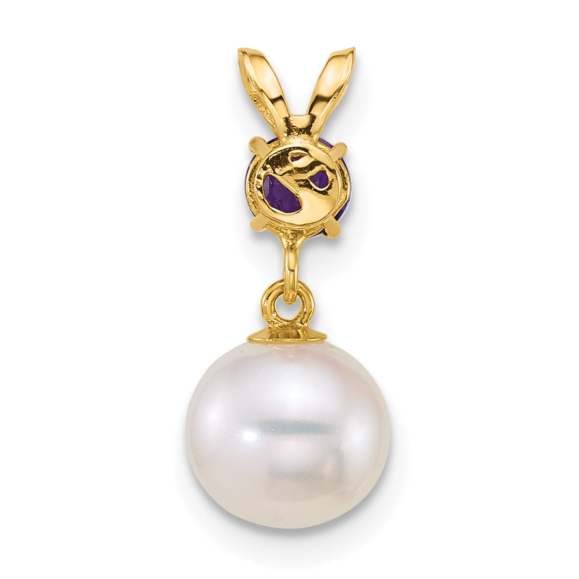 14k Polished 7-8mm Round White Freshwater Cultured Pearl Dangle and Amethyst Pendant