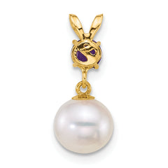 14k Polished 7-8mm Round White Freshwater Cultured Pearl Dangle and Amethyst Pendant