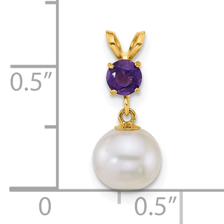 14k Polished 7-8mm Round White Freshwater Cultured Pearl Dangle and Amethyst Pendant