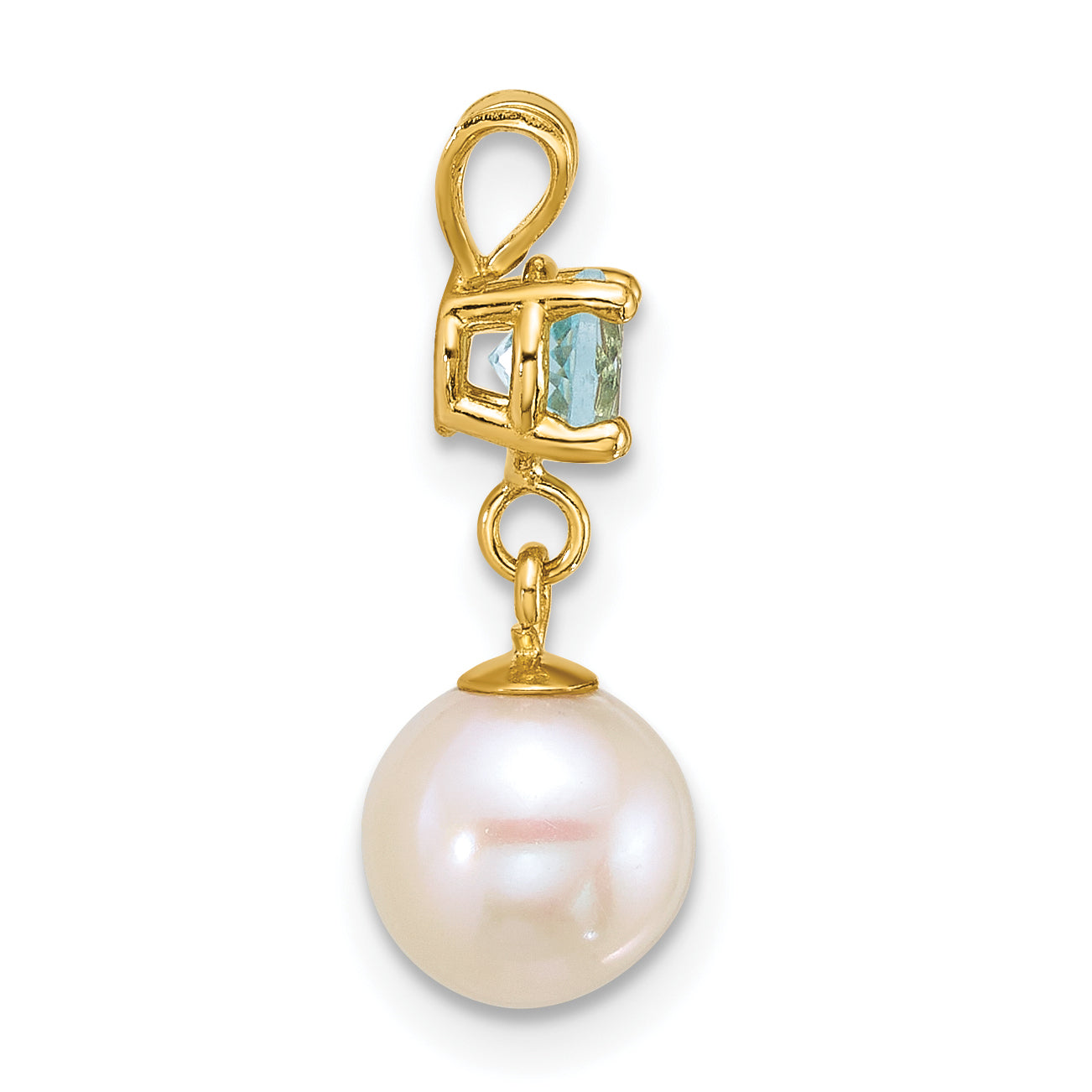 14k Polished 7-8mm Round White Freshwater Cultured Pearl Dangle and Blue Topaz Pendant Secondary image