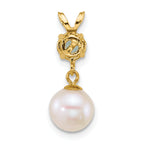 14k Polished 7-8mm Round White Freshwater Cultured Pearl Dangle and Blue Topaz Pendant