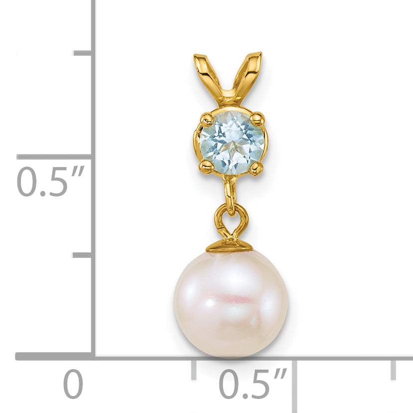 14k Polished 7-8mm Round White Freshwater Cultured Pearl Dangle and Blue Topaz Pendant