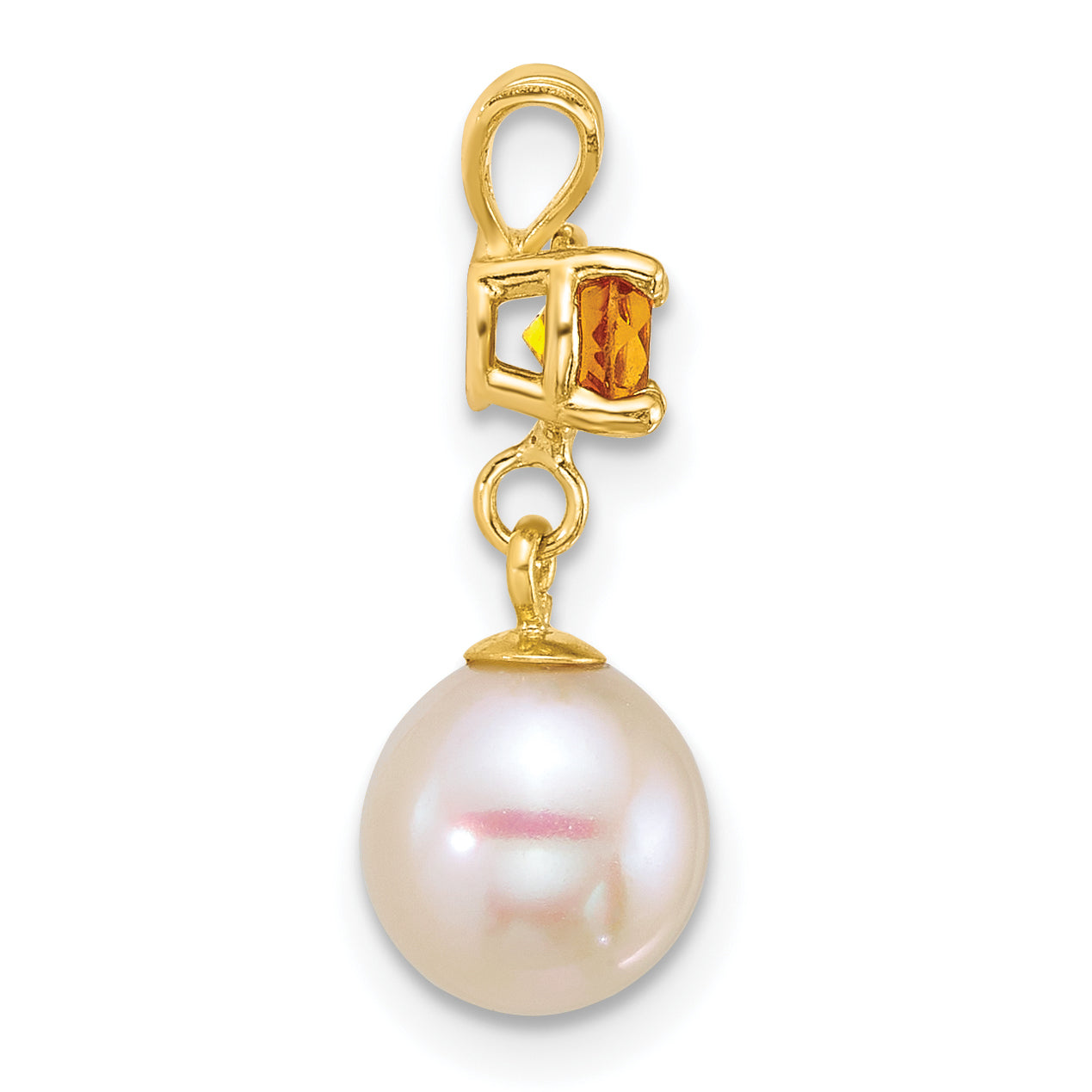 14k Polished 7-8mm Round White Freshwater Cultured Pearl Dangle and Citrine Pendant