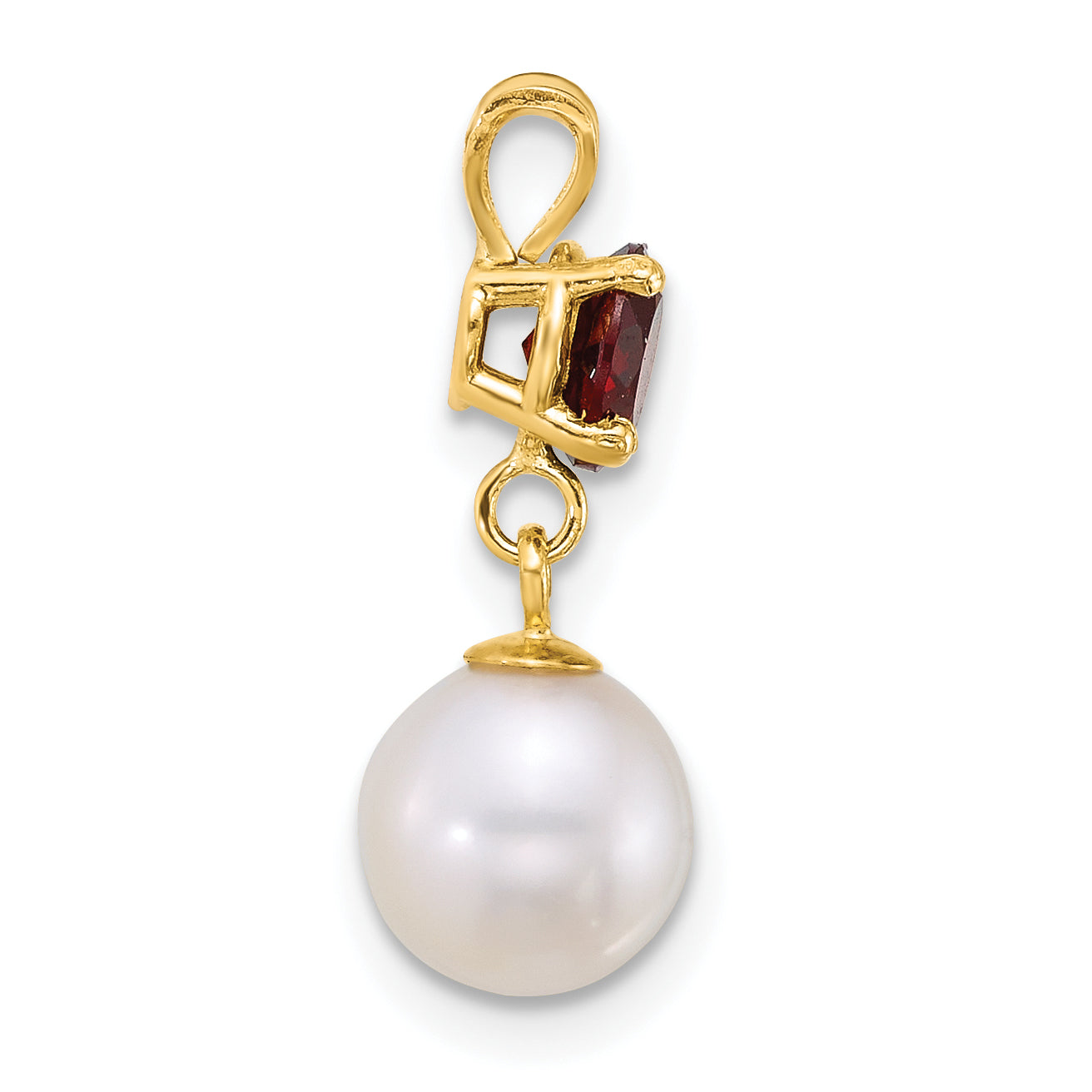 14k Polished 7-8mm Round White Freshwater Cultured Pearl Dangle and Garnet Pendant Secondary image