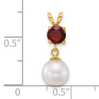 14k Polished 7-8mm Round White Freshwater Cultured Pearl Dangle and Garnet Pendant