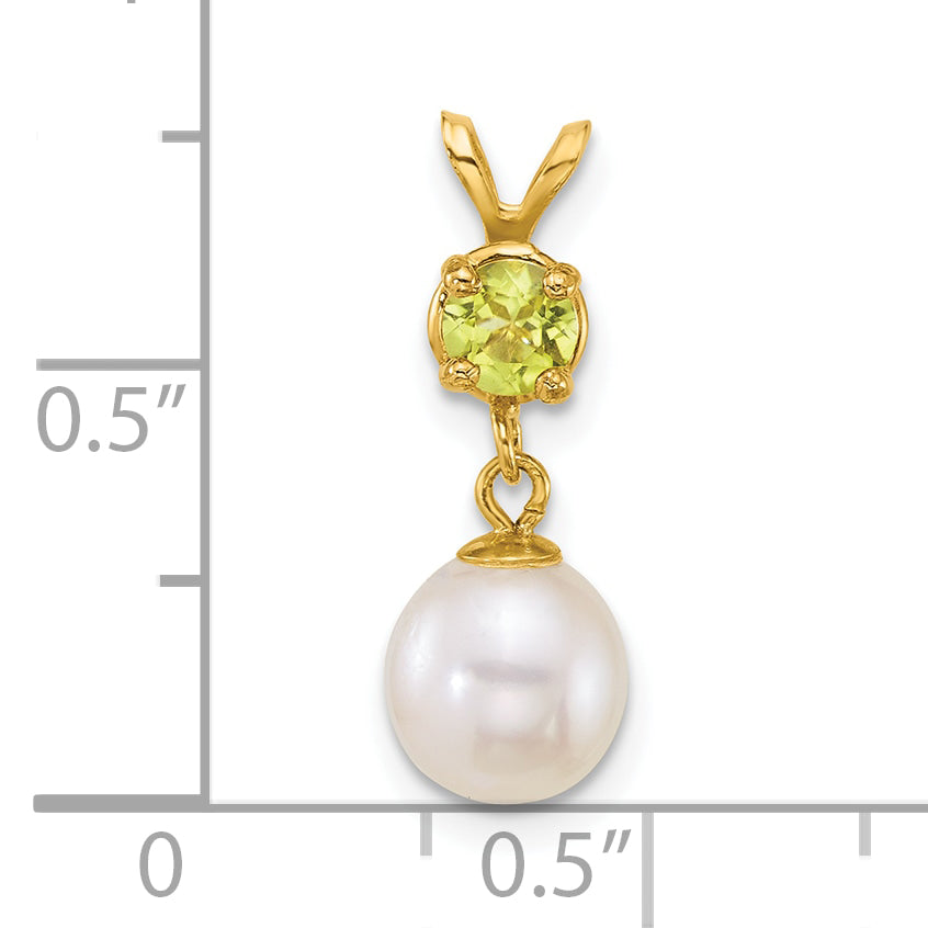 14k Polished 7-8mm Round White Freshwater Cultured Pearl Dangle and Peridot Pendant