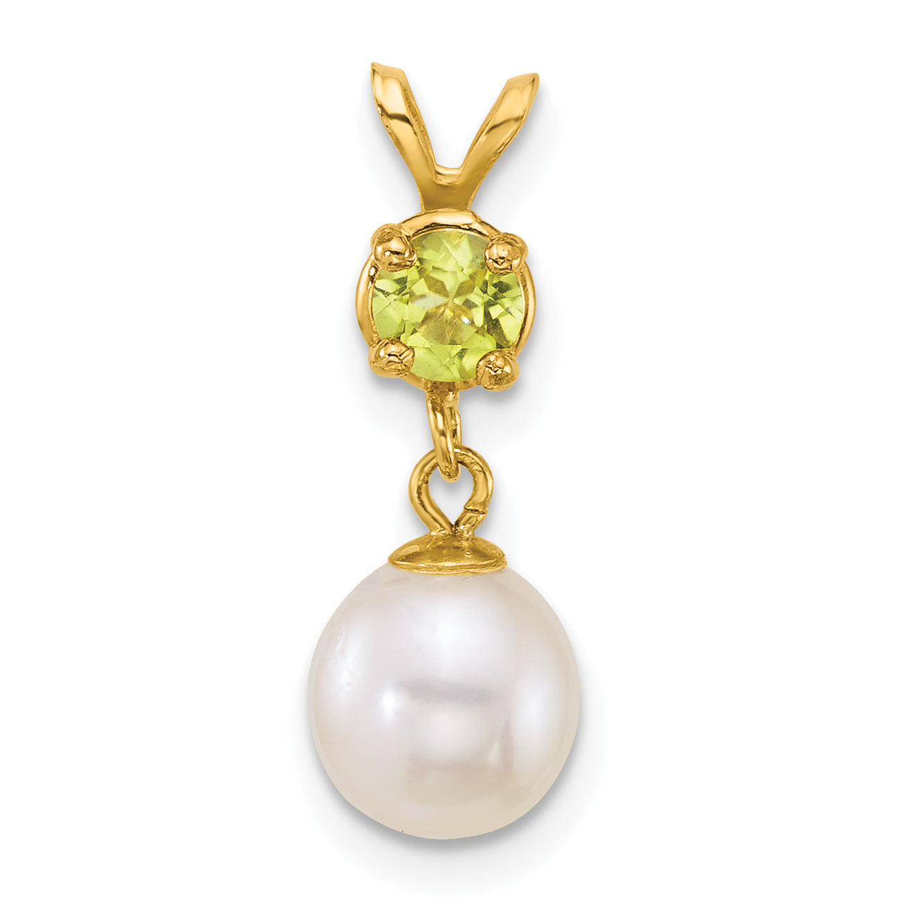 14k Polished 7-8mm Round White Freshwater Cultured Pearl Dangle and Peridot Pendant Main image