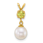14k Polished 7-8mm Round White Freshwater Cultured Pearl Dangle and Peridot Pendant