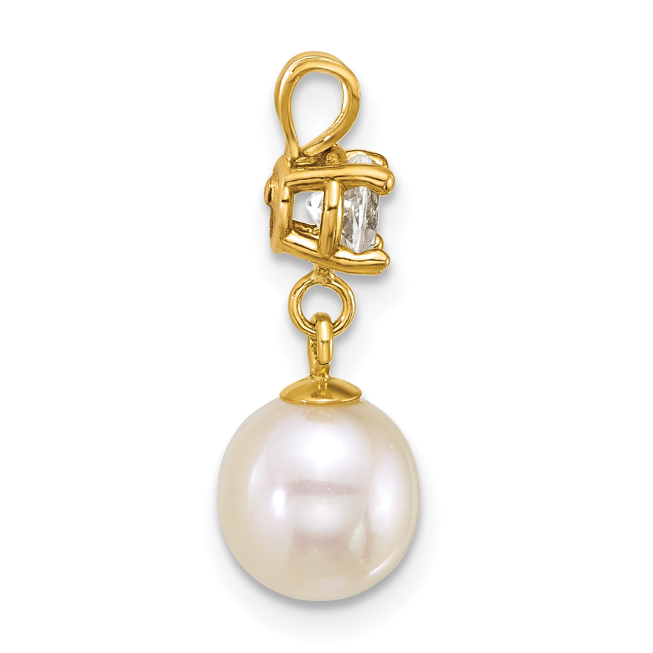 14k Polished 7-8mm Round White Freshwater Cultured Pearl Dangle and White Topaz Pendant Secondary image